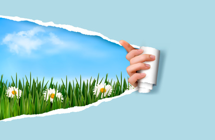 Nature background with green grass and sky and ripped paper. Vector illustration.